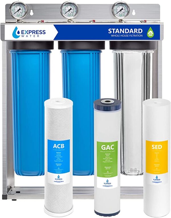 3 Stage Whole House Water Filtration System - Sediment, KDF, Carbon - includes Pressure Gauges and more